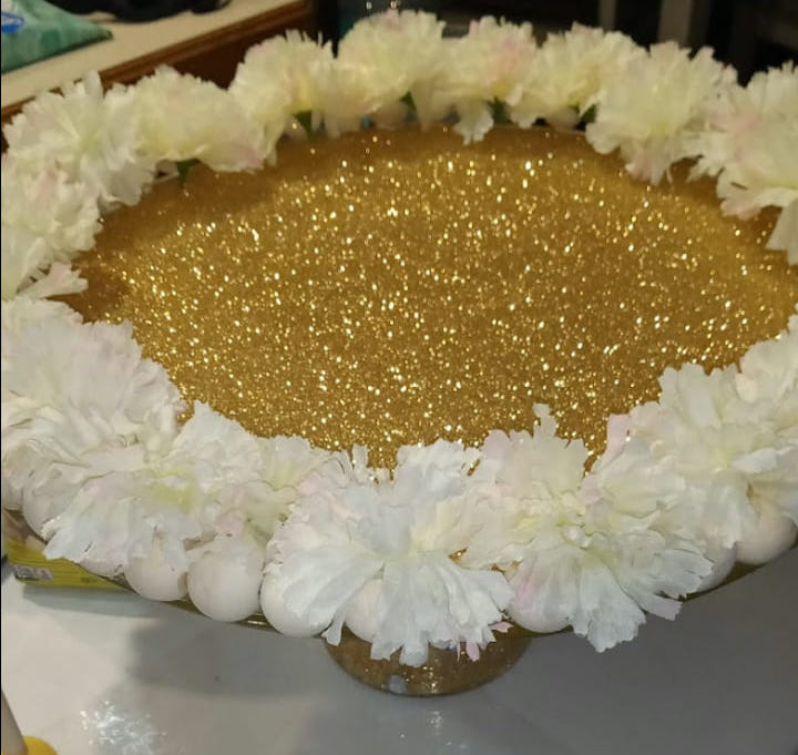 Sparkly Golden Dessert Platter with whipped cream border.